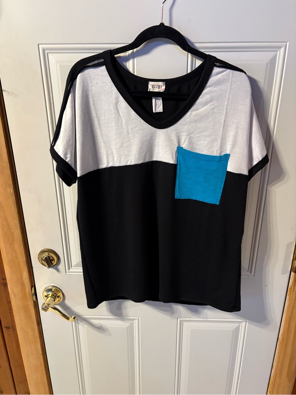 BiBi Black and White Tee with Blue Pocket Size Large
